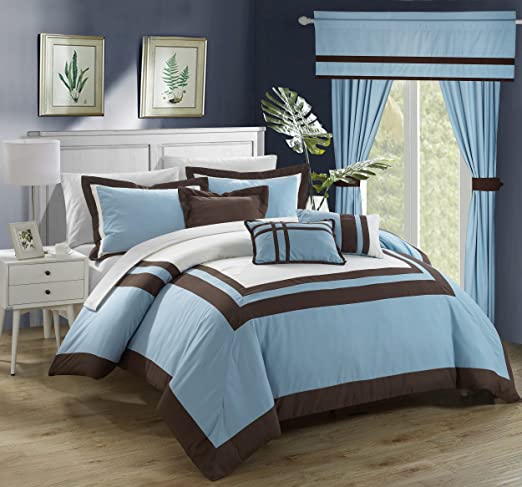 Embellish Patch Pleated Duvet Set - Sky & Brown