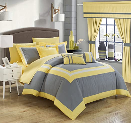 Embellish Patch Pleated Duvet Set - Yellow & Grey